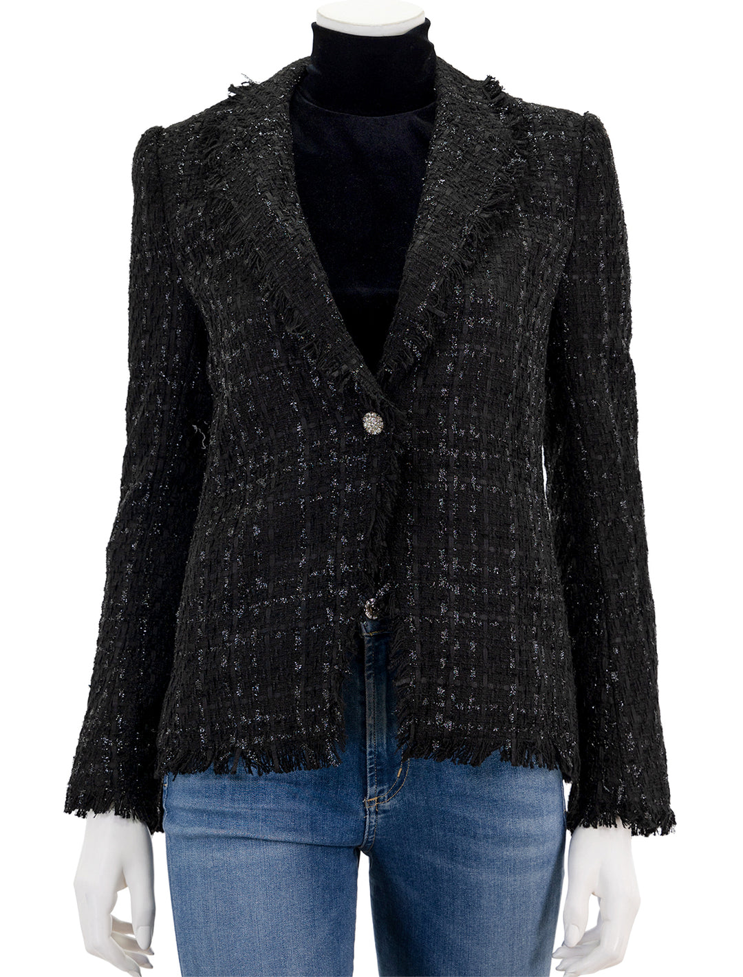Front view of Derek Lam 10 Crosby's adelaide fringe bias jacket in black and silver, buttoned.