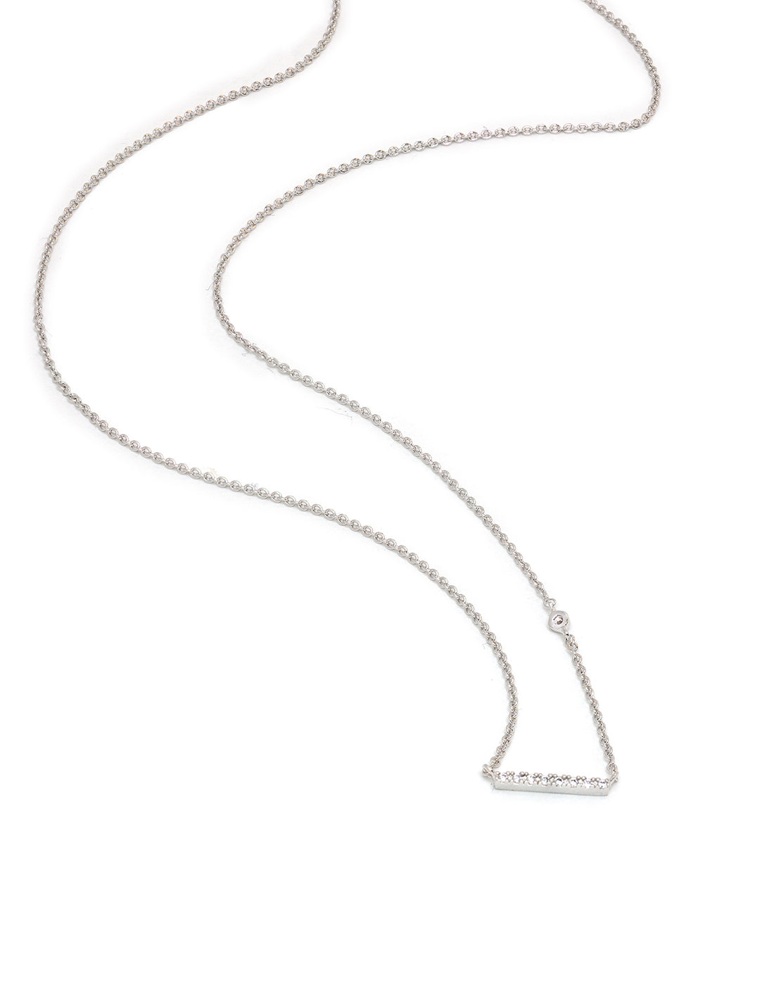 Stylized laydown of Tai's horizontal bar necklace in silver with cz.