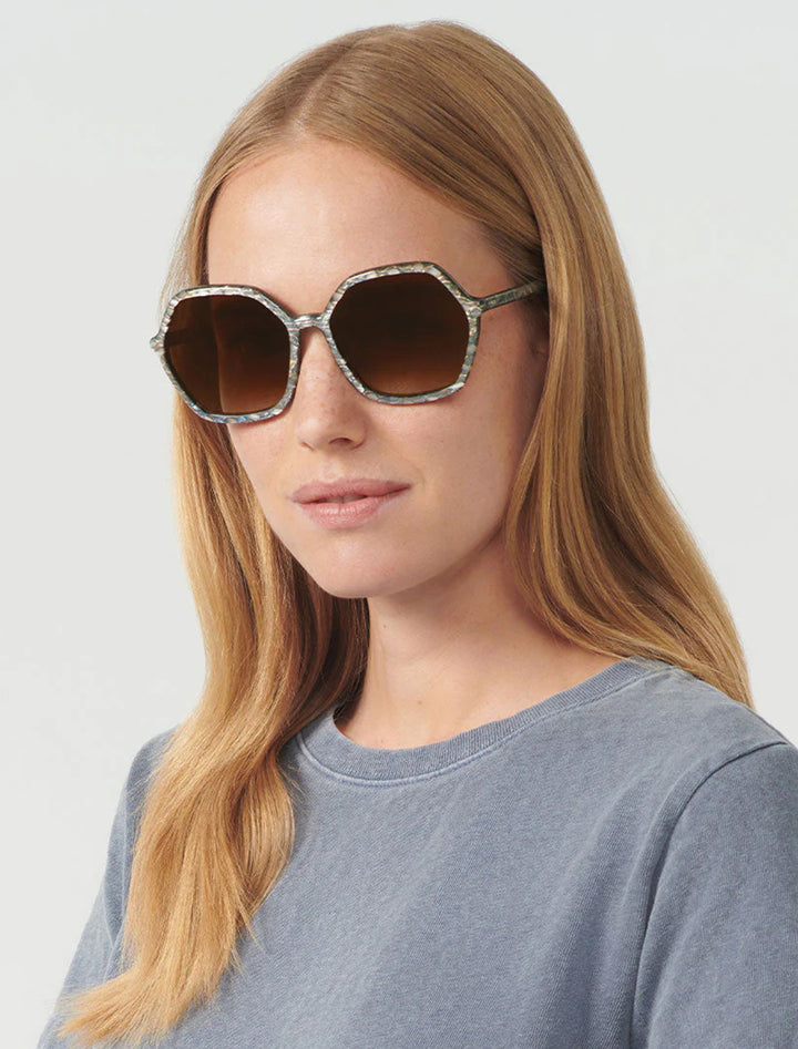 Model wearing Krewe's jackie sunglasses in como.