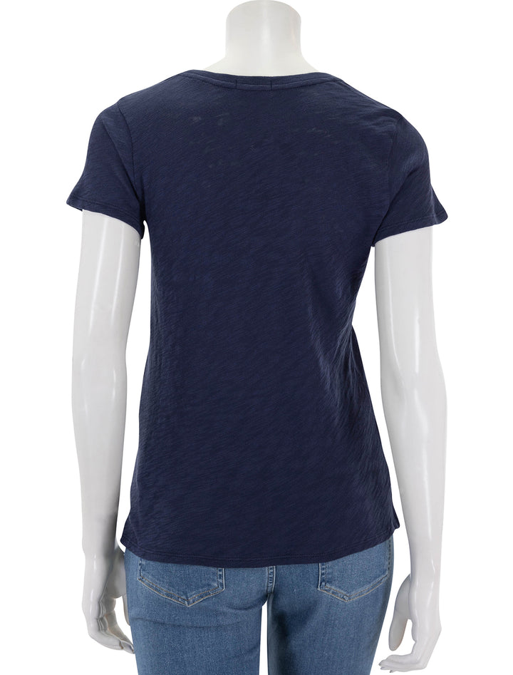 Back view of ATM's slub jersey schoolboy v neck tee in midnight navy.