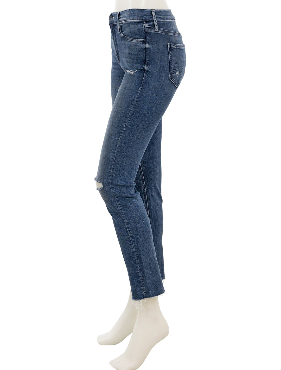 Side view of Mother Denim's mid rise dazzler ankle fray in weekend warrior.