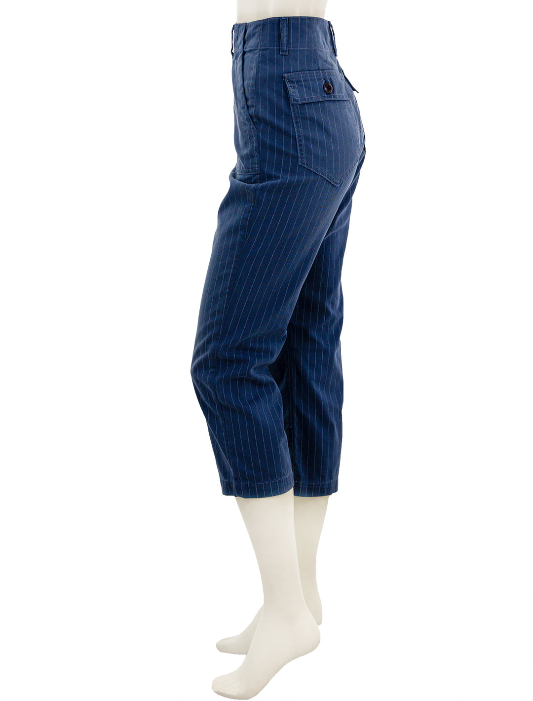 Side view of The Great's the ranger pant in dark indigo pin stripe.