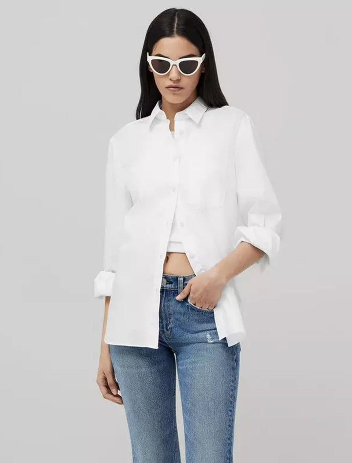 Model wearing Rag & Bone's maxine button down shirt in white.