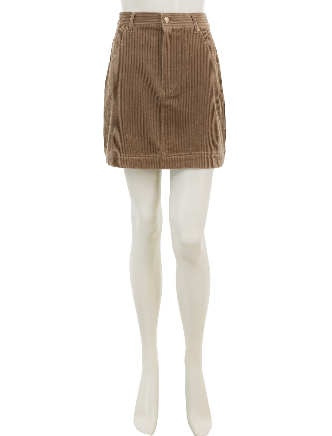Front view of Barbour's oakfield skirt in taupe corduroy.