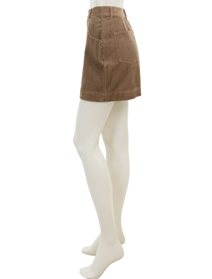 Side view of Barbour's oakfield skirt in taupe corduroy.