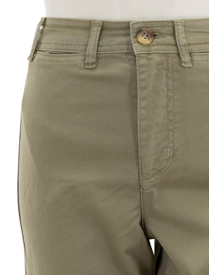 Close-up view of Marine Layer's bridget pant in aloe with raw edge.