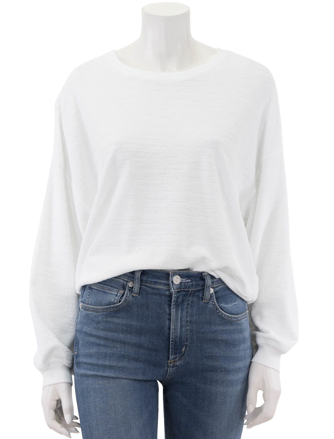 Front view of AMO's easy sweatshirt in white.