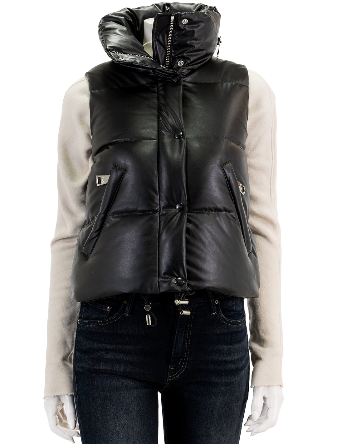 Front view of SAM.'s arley vegan leather vest in black, buttoned.