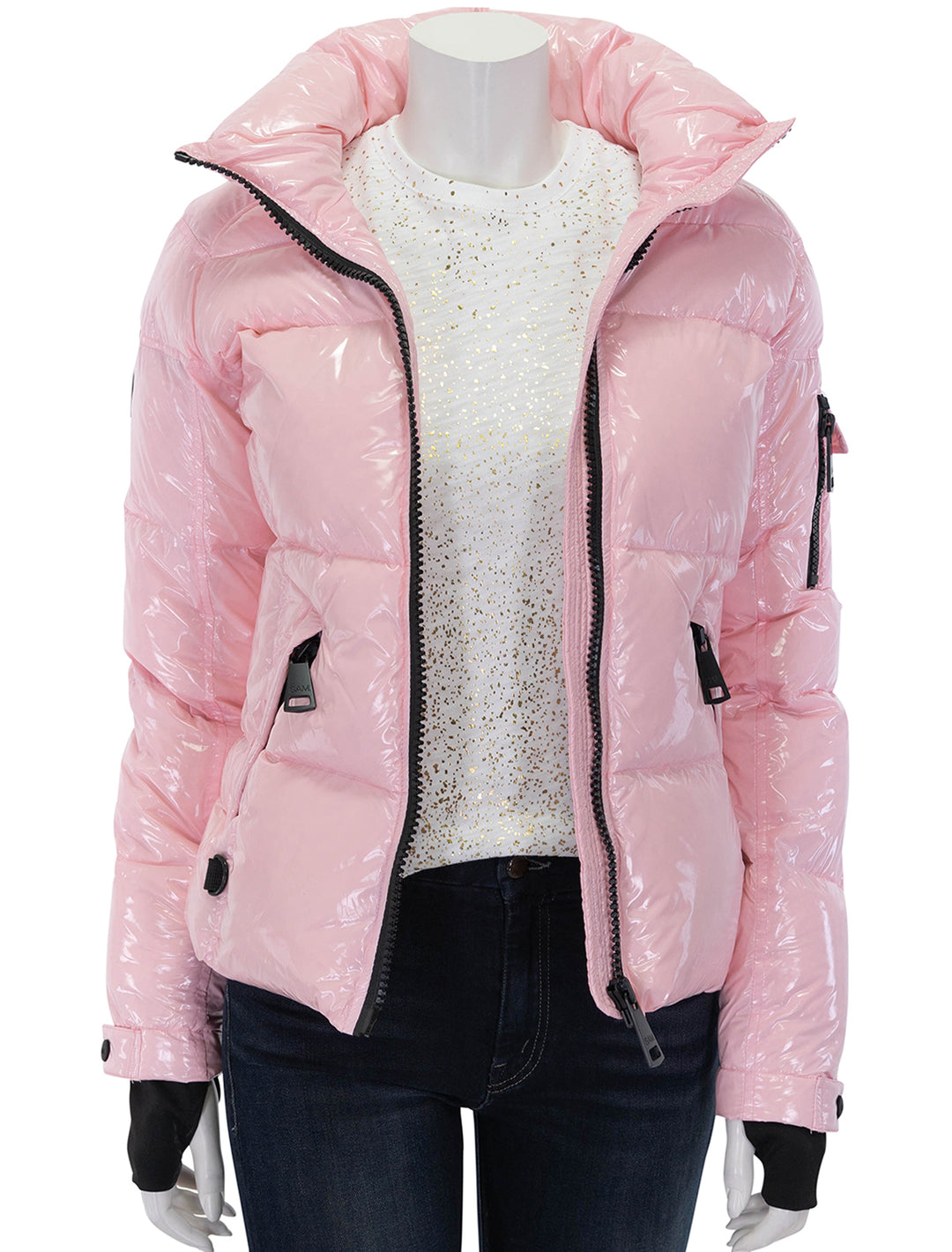 Front view of SAM's freestyle jacket in cotton candy, unzipped.