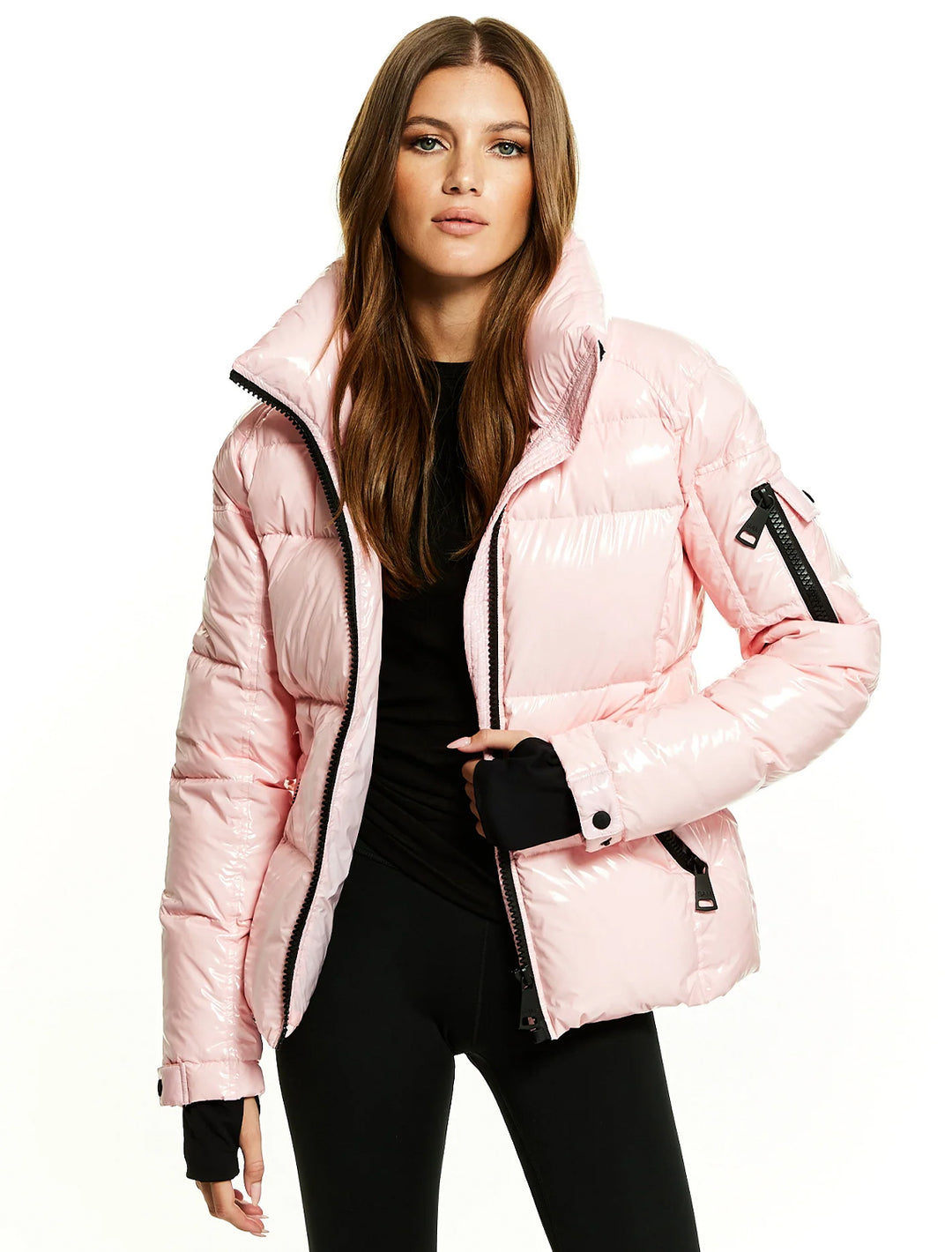 Model wearing SAM's freestyle jacket in cotton candy.