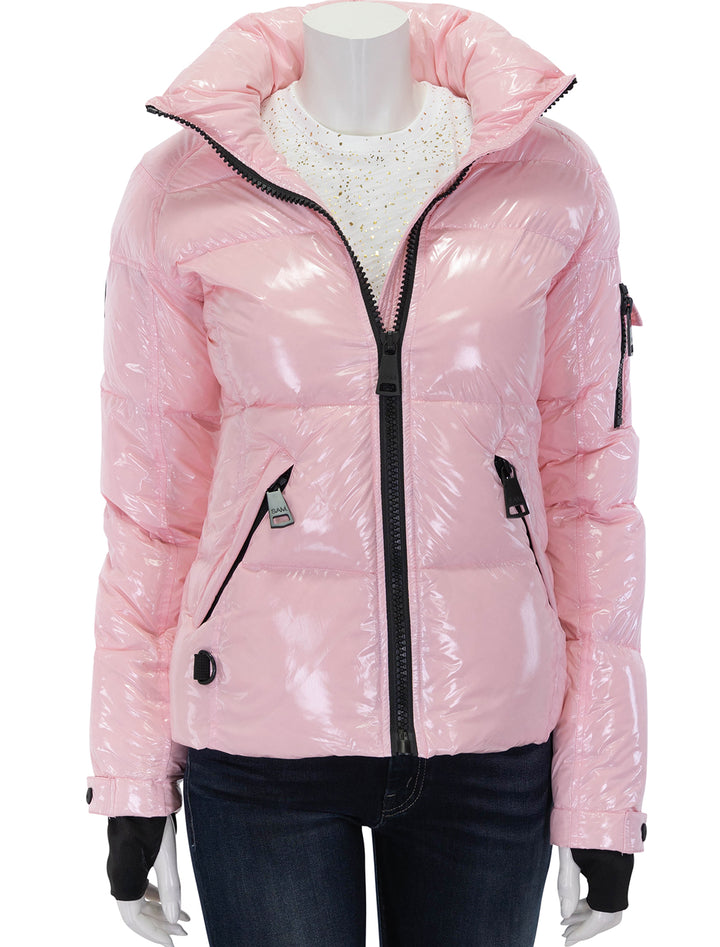 Front view of SAM's freestyle jacket in cotton candy, zipped.