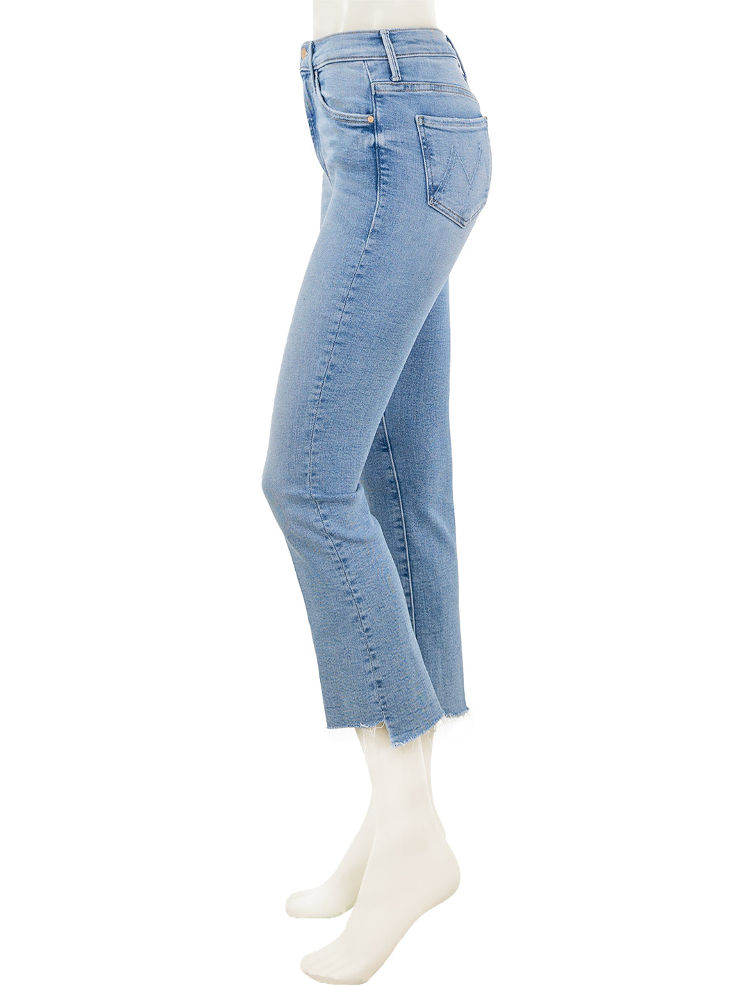 Side view of Mother Denim's the insider crop step fray in limited edition.