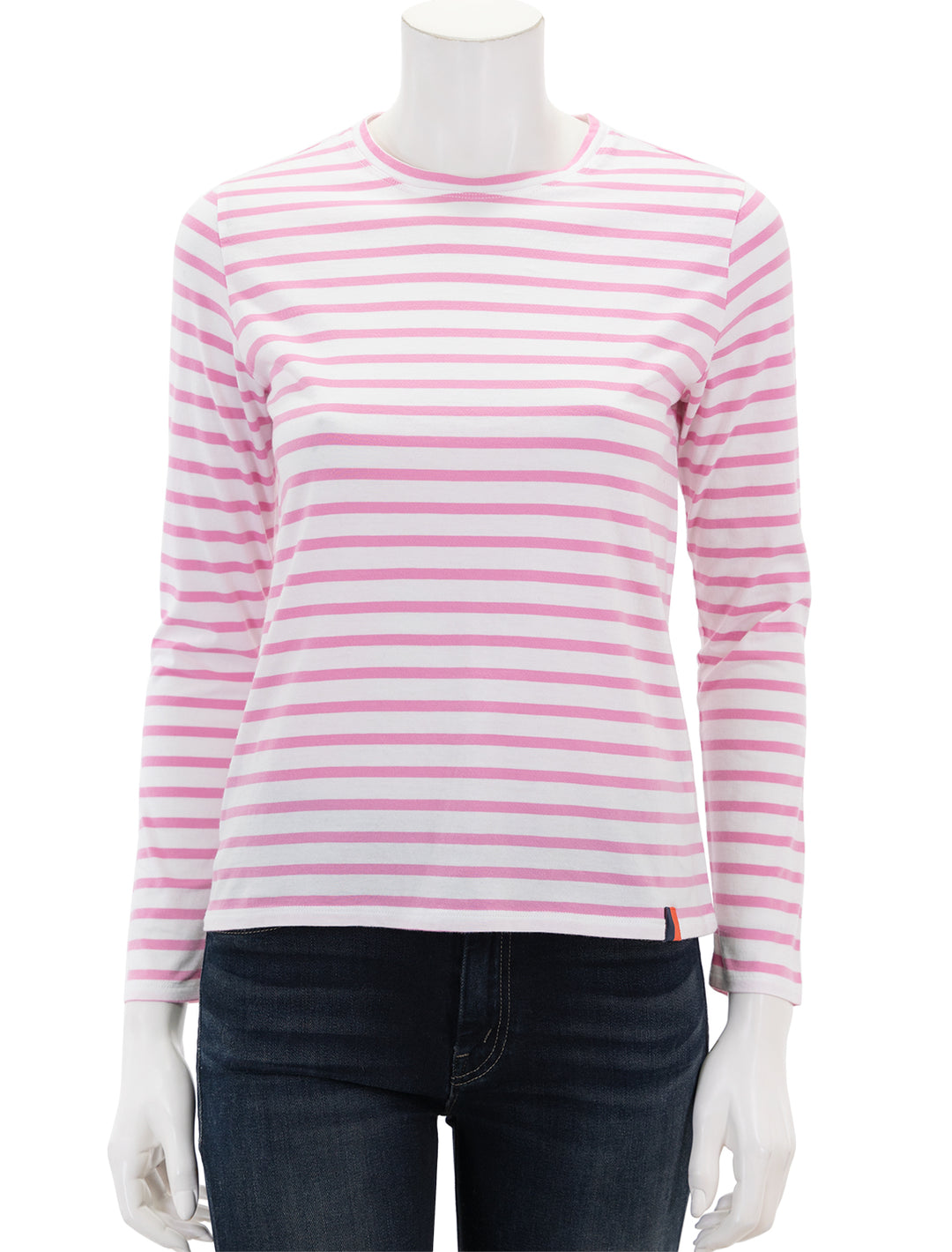 Front view of KULE's the modern long sleeve tee in pink and white stripe.