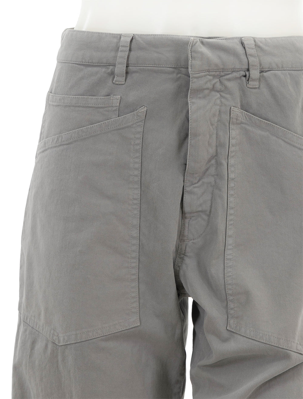 close up view of shon pant in grey