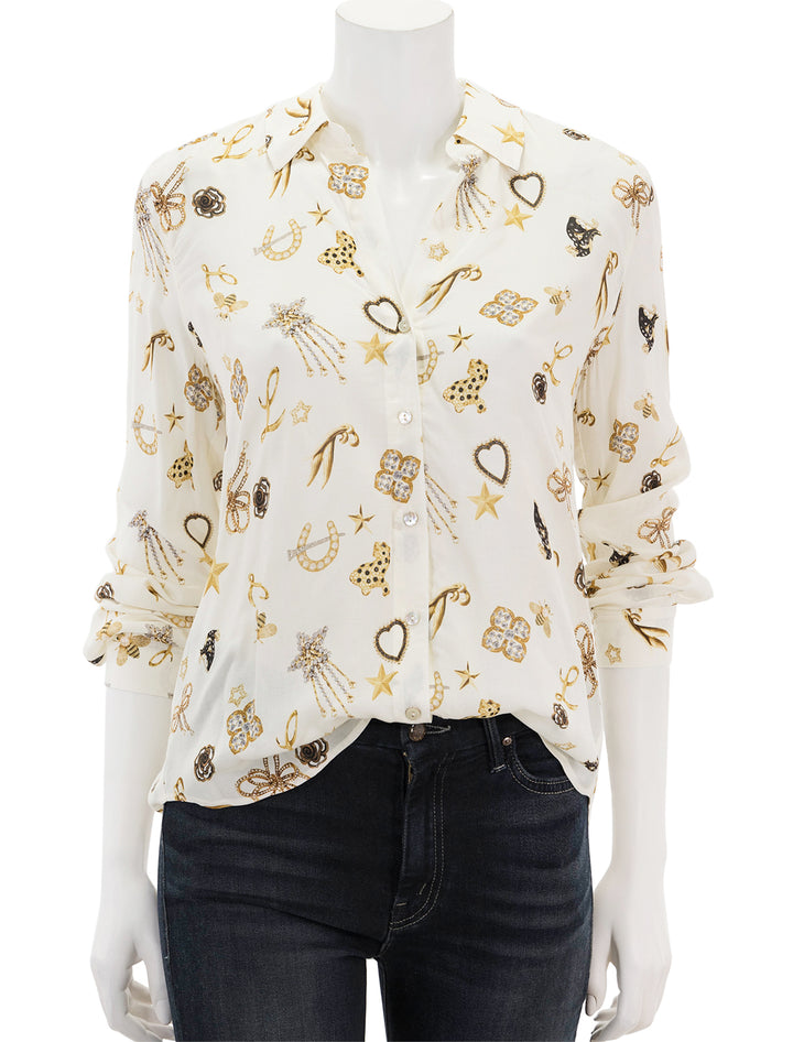 Front view of L'agence's holly in ecru multi brooch print.