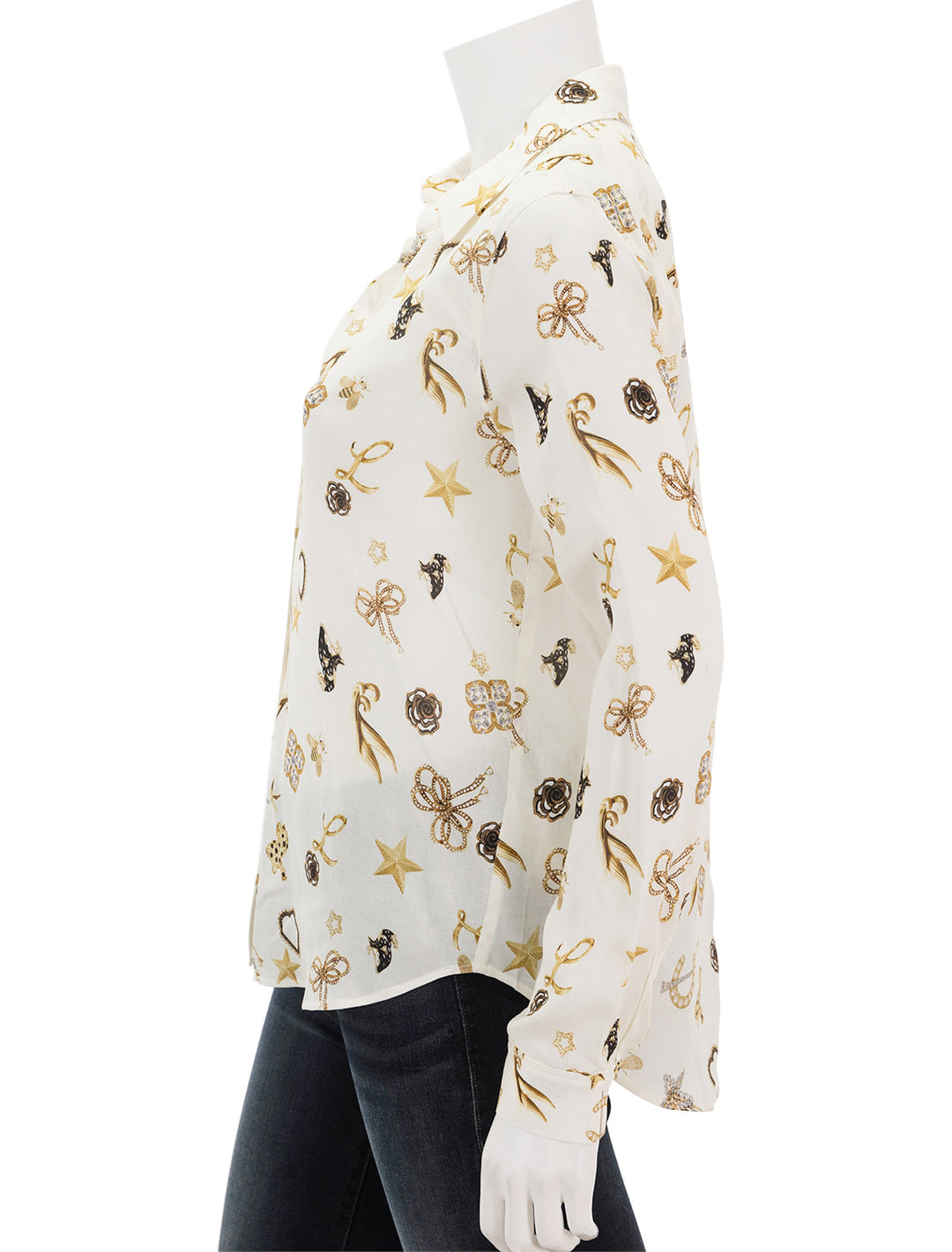 Side view of L'agence's holly in ecru multi brooch print.