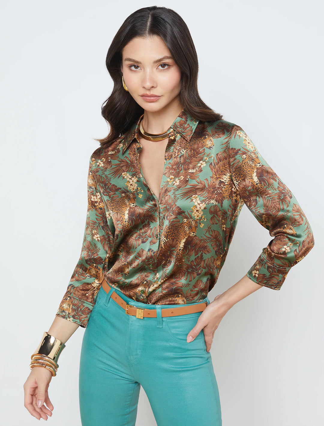 Model wearing L'agence's dani in olive multi palm leopard.