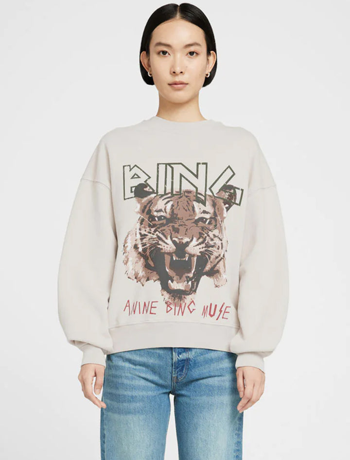 Model wearing Anine Bing's tiger sweatshirt in stone.