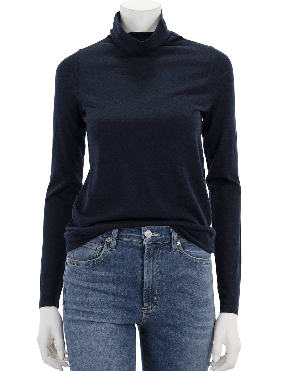 Front view of Ann Mashburn's funnel neck cashmere sweater in navy.