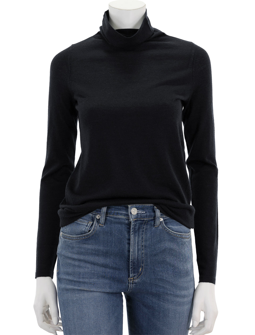 Front view of Ann Mashburn's funnel neck cashmere sweater in black.