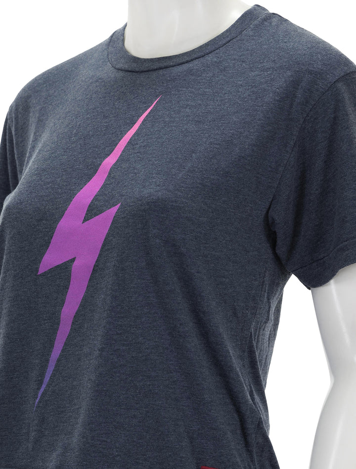 Close-up view of Aviator Nation's bolt fade boyfriend tee in heather navy.