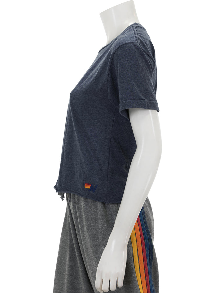 Side view of Aviator Nation's bolt fade boyfriend tee in heather navy.