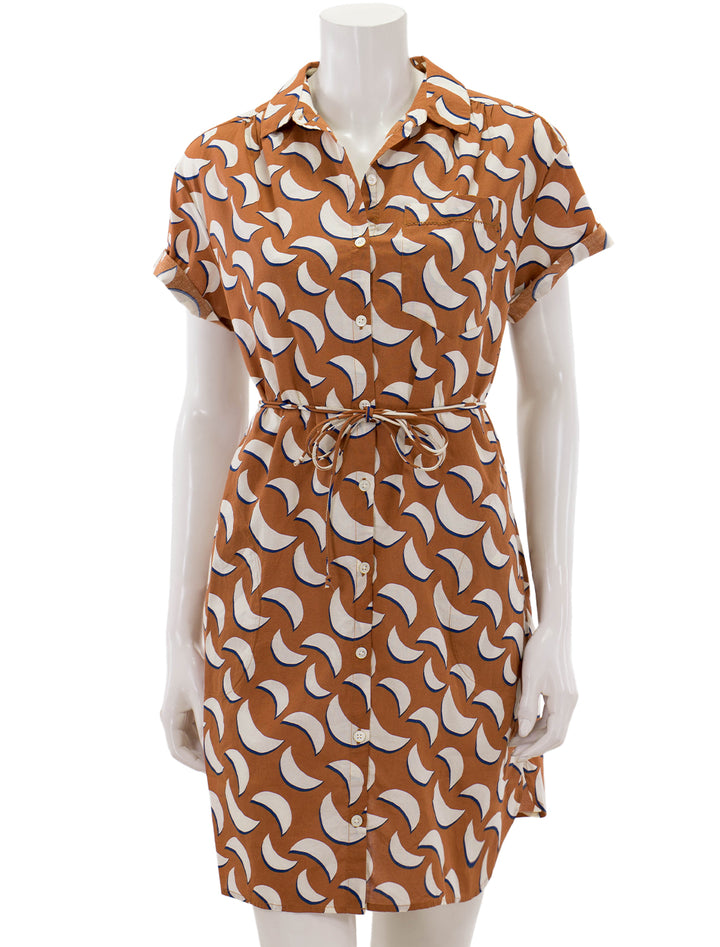 Front view of Lilla P.'s short sleeve shirt dress in adobe print, tied at waist with optional tie belt.