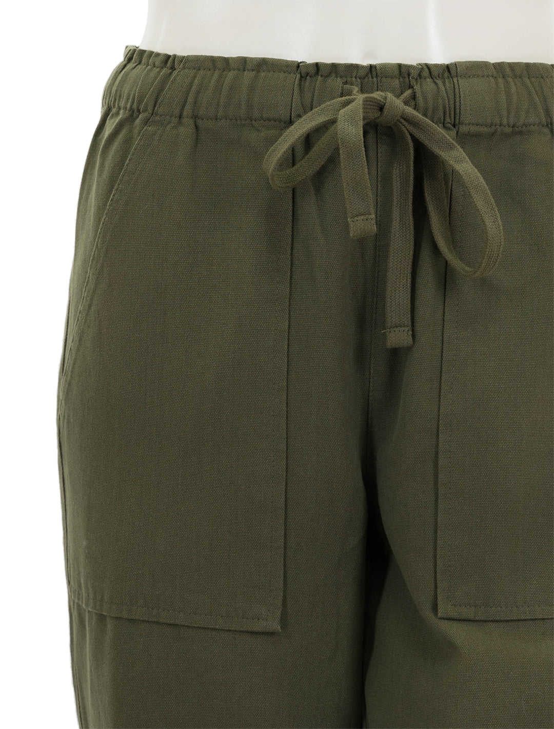 Close-up view of Lilla P.'s utility pants in army.