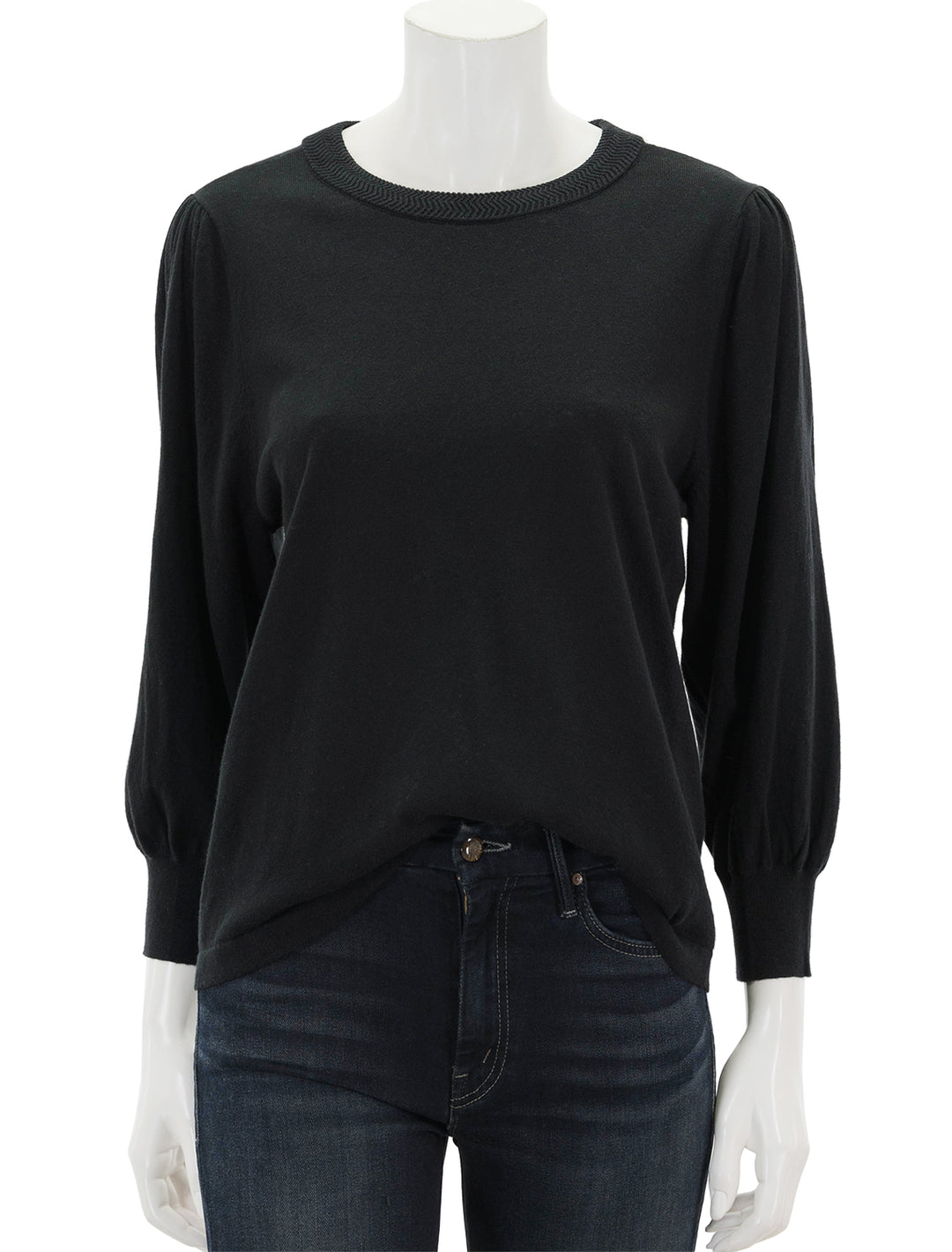 Front view of Lilla P.'s rib trim puff sleeve sweater in black.
