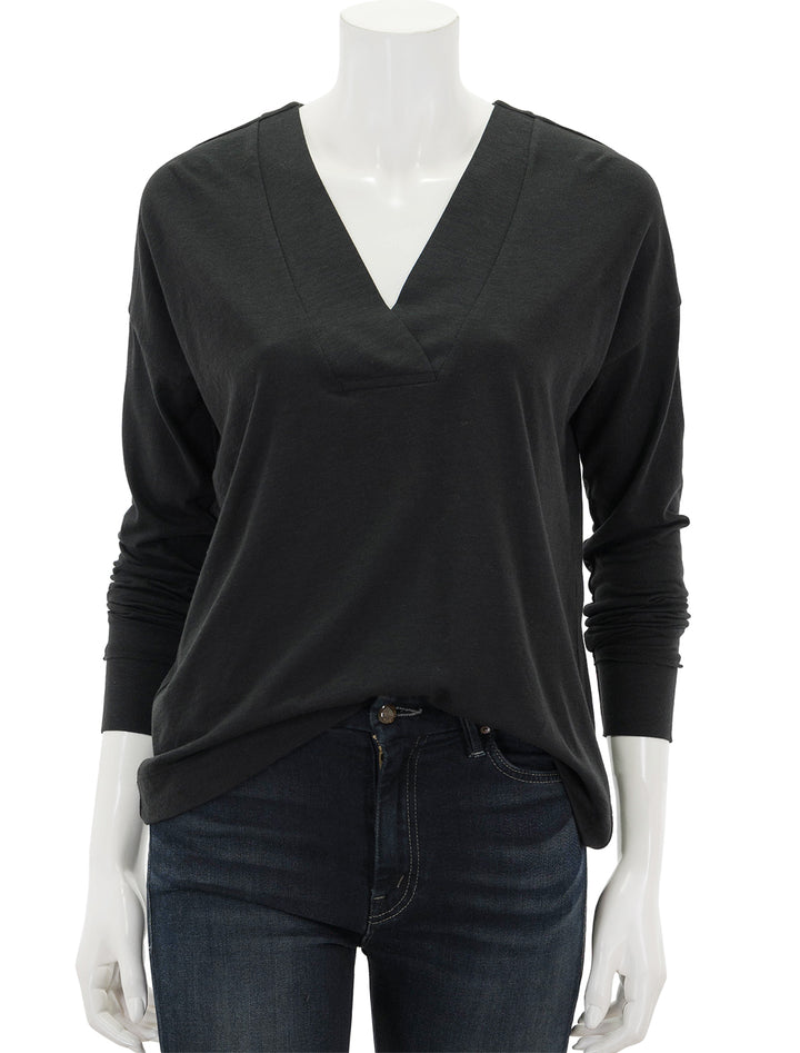 Front view of Lilla P.'s tapered trim v-neck in black.