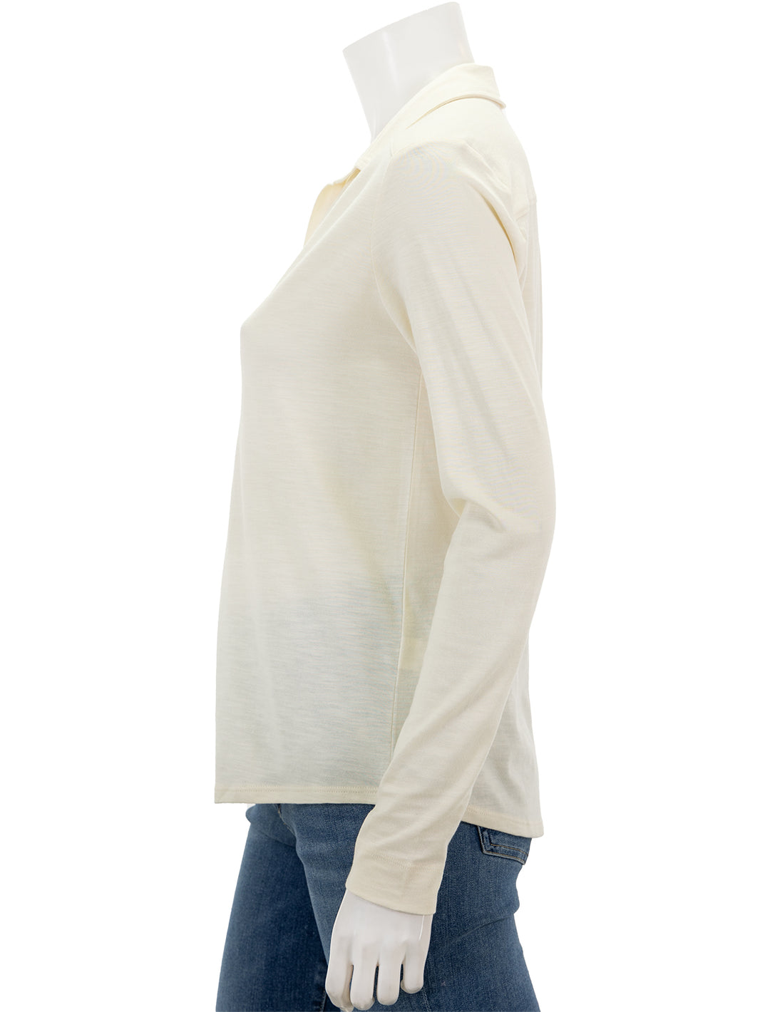 Side view of Lilla P.'s long sleeve buttondown tee in talc.