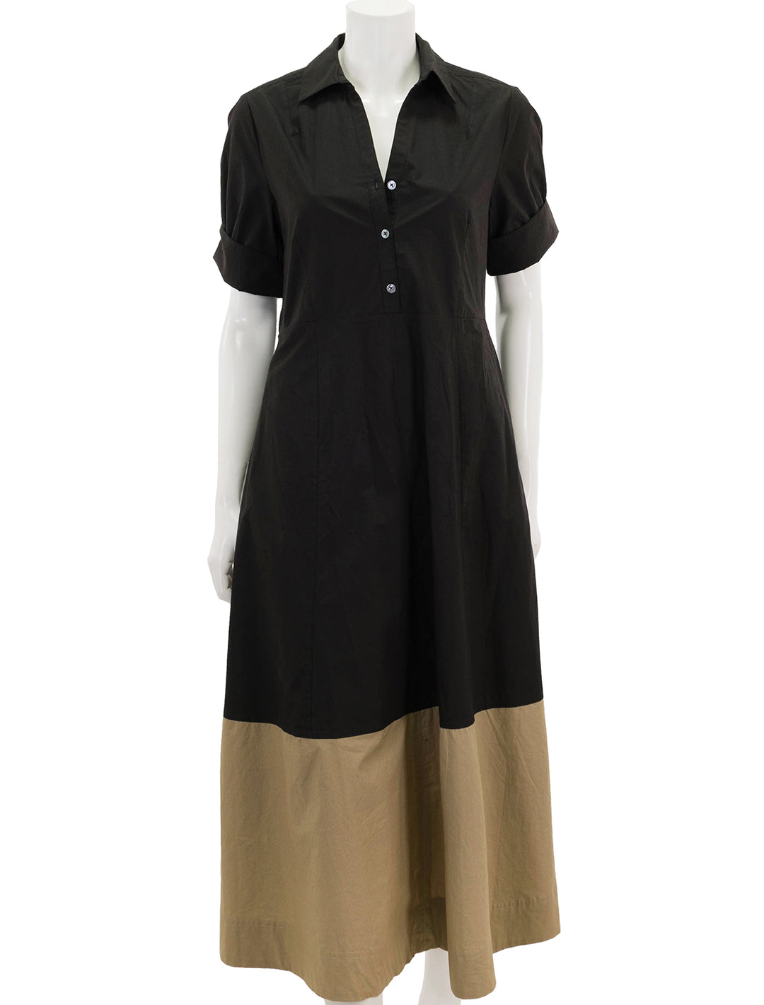 front view of collared maxi dress in black colorblock