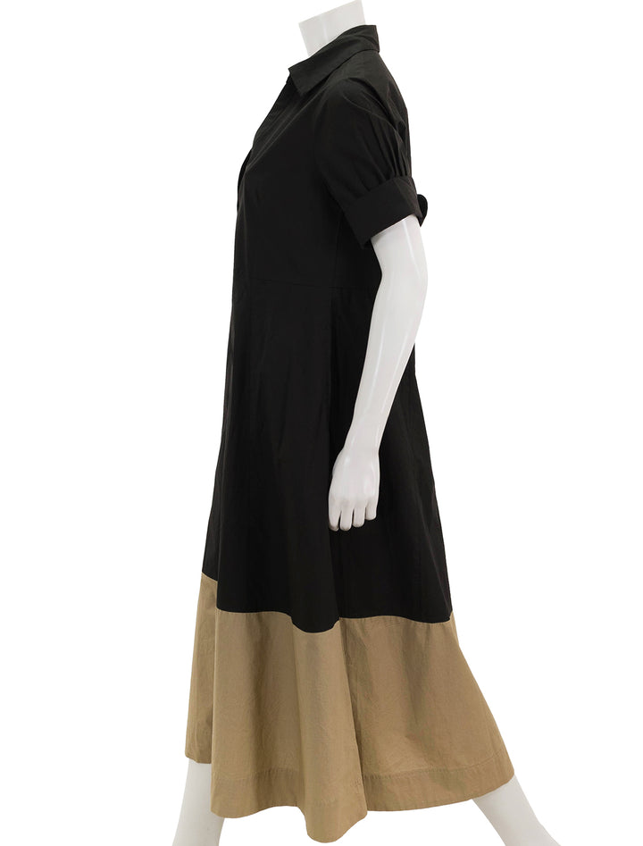 side view of collared maxi dress in black colorblock