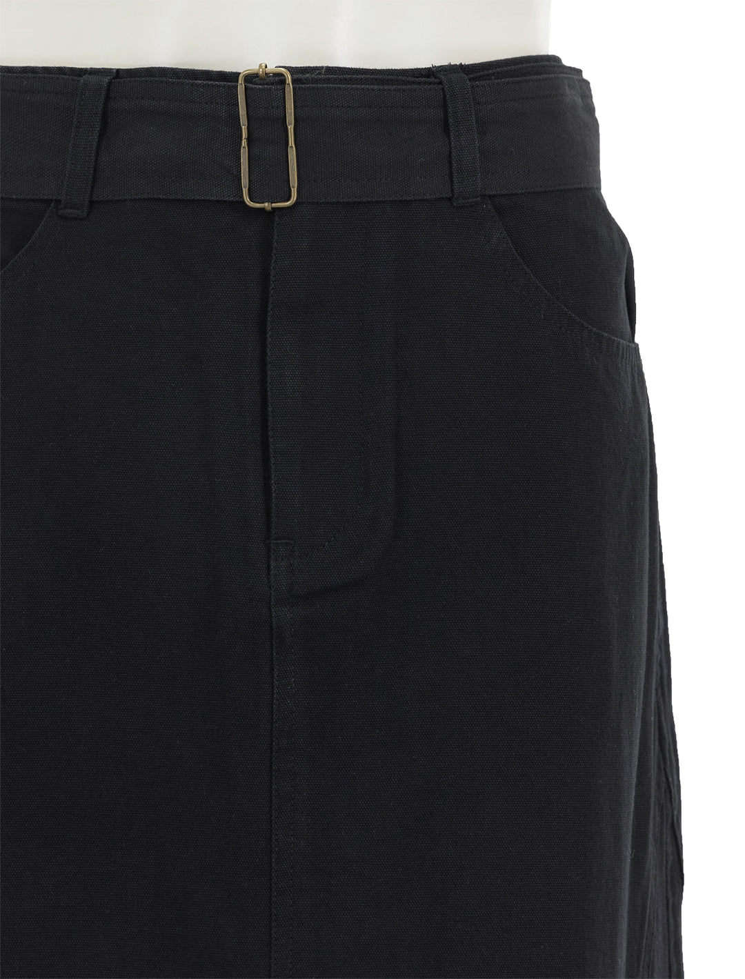 Close-up view of Lilla P.'s jean skirt in black.