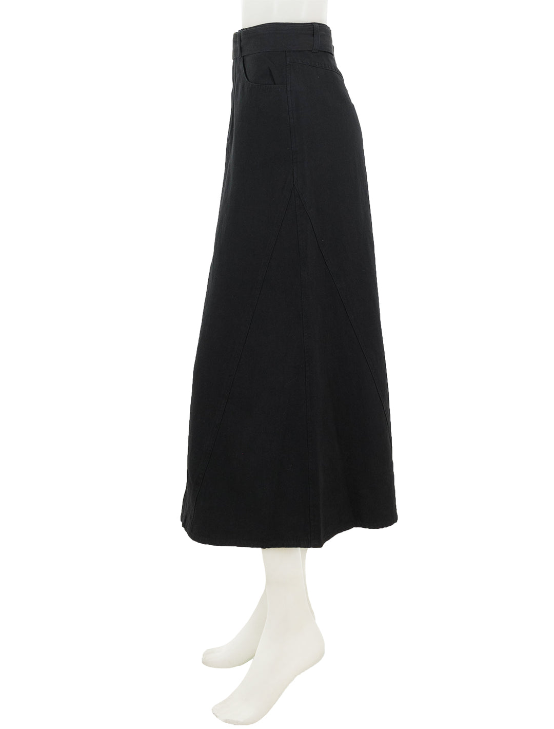 Side view of Lilla P.'s jean skirt in black.