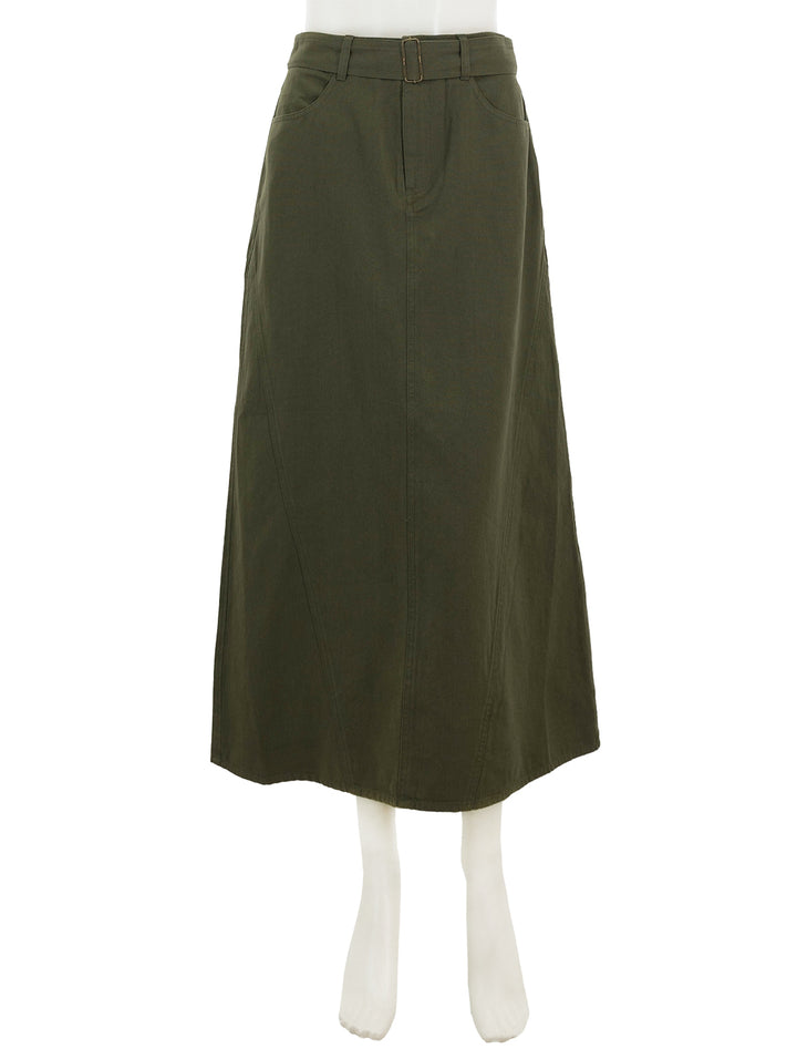 Front view of Lilla P.'s jean skirt in army.