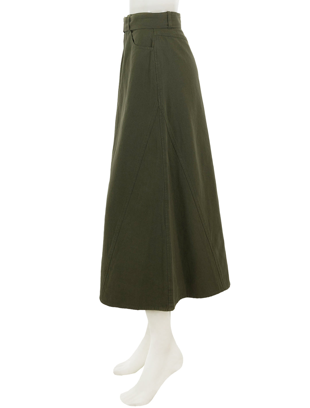 Side view of Lilla P.'s jean skirt in army.