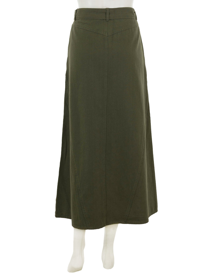 Back view of Lilla P.'s jean skirt in army.