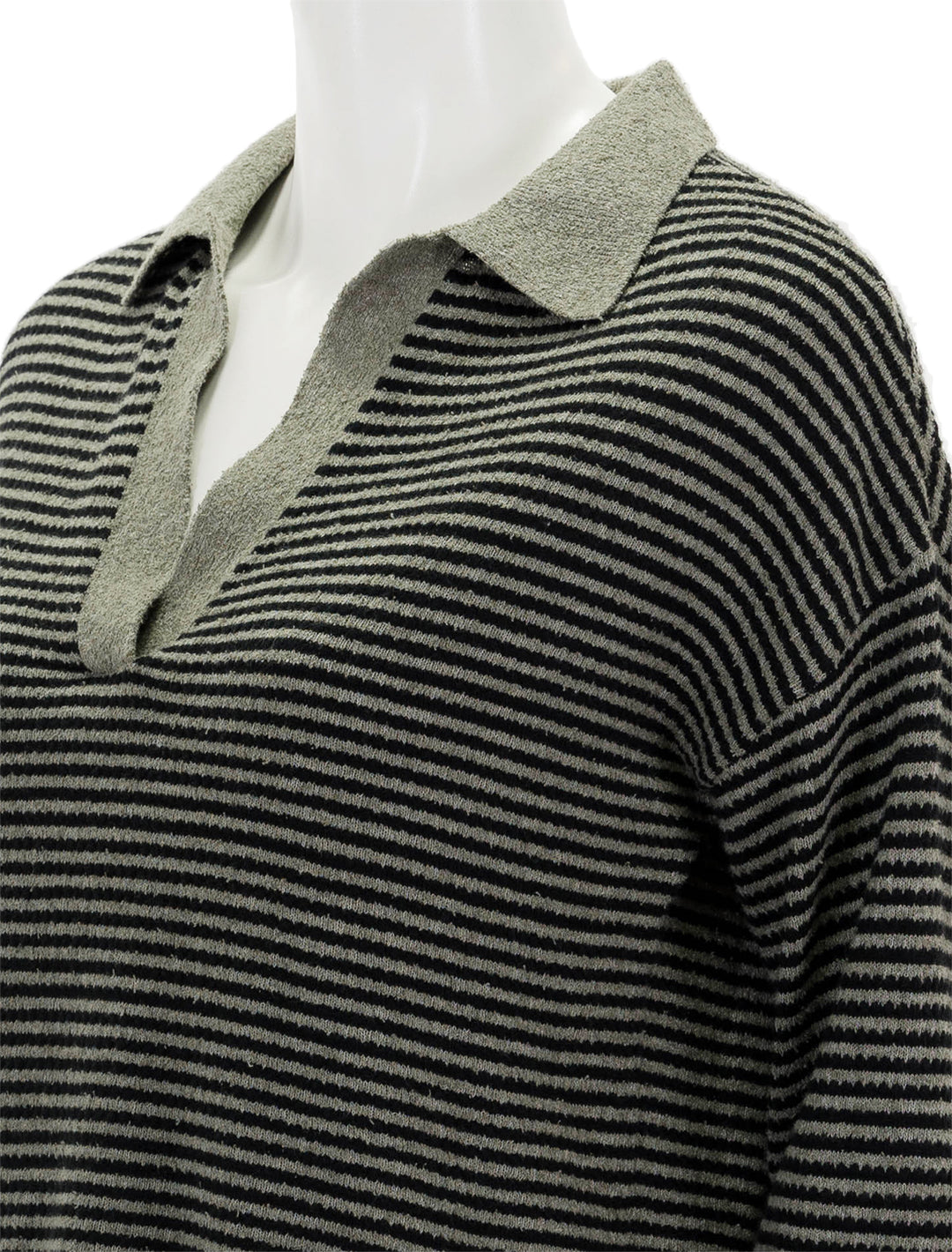 Close-up view of Lilla P.'s easy polo sweater.