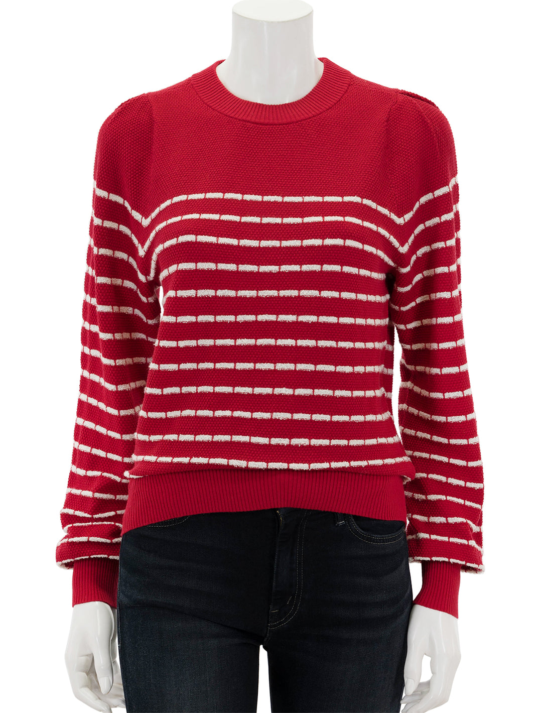 Front view of Lilla P.'s terry stripe sweater in crimson and ivory.