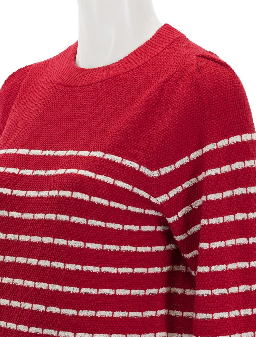 Close-up view of Lilla P.'s terry stripe sweater in crimson and ivory.