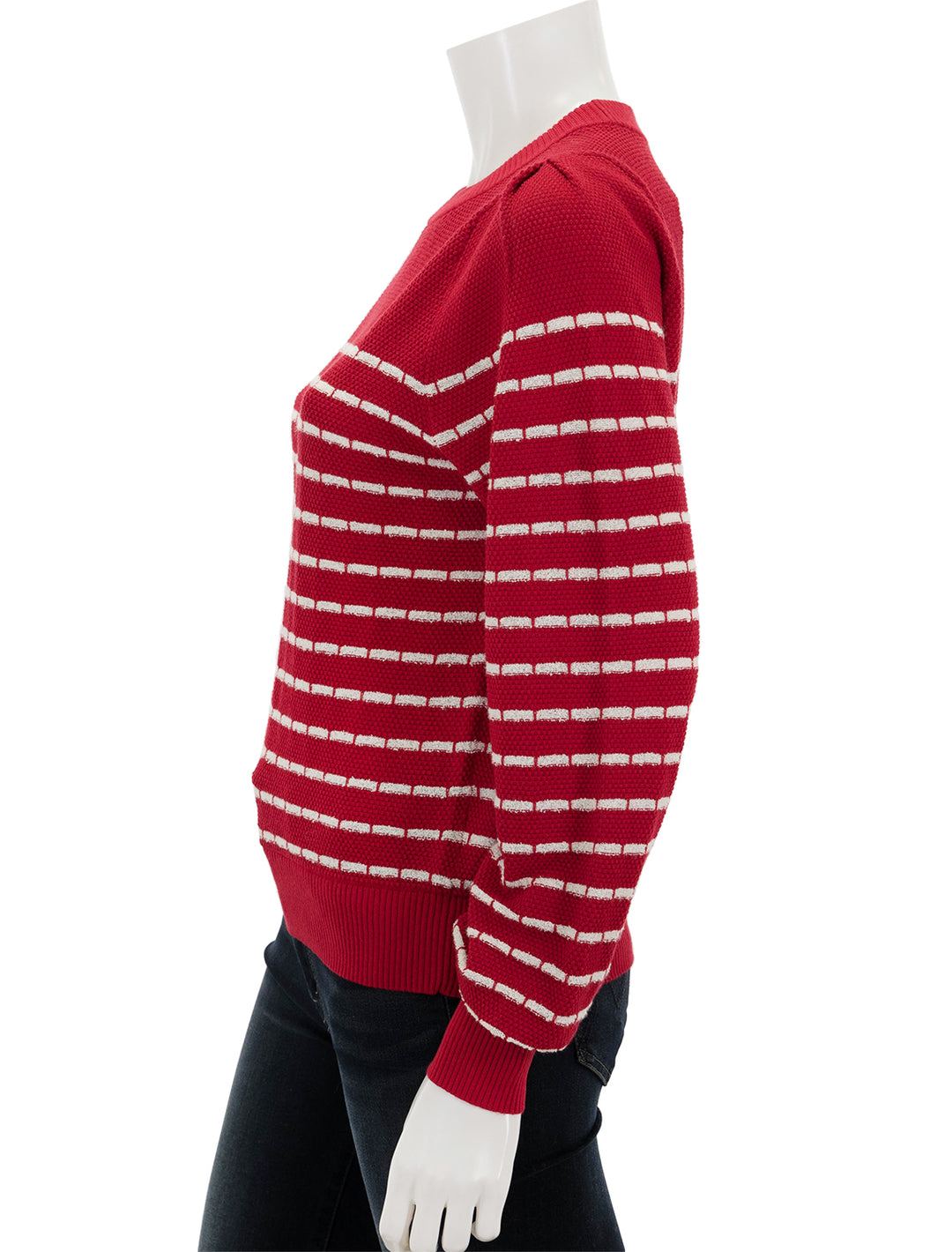 Side view of Lilla P.'s terry stripe sweater in crimson and ivory.