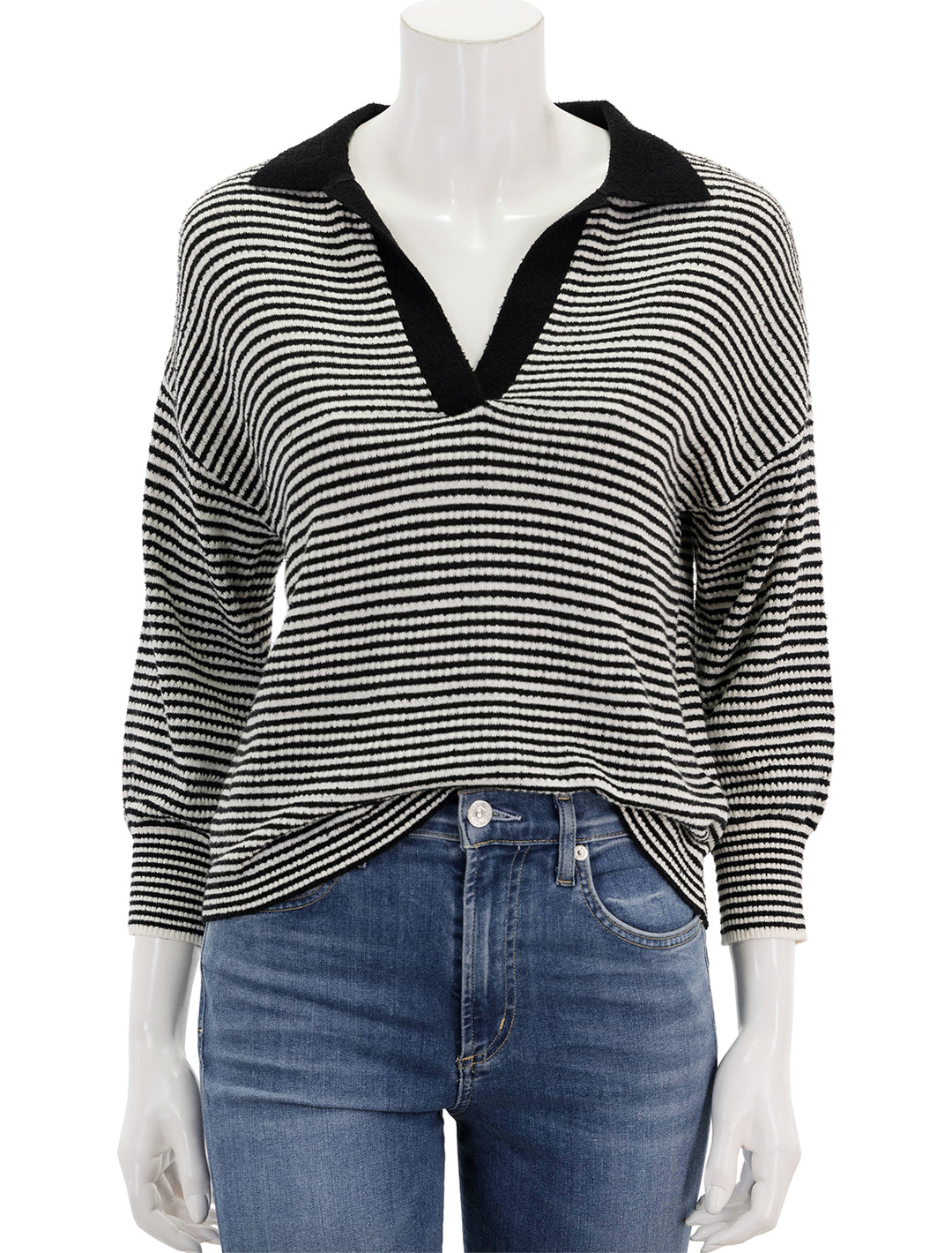 Front view of Lilla P.'s easy polo sweater in black and ivory.