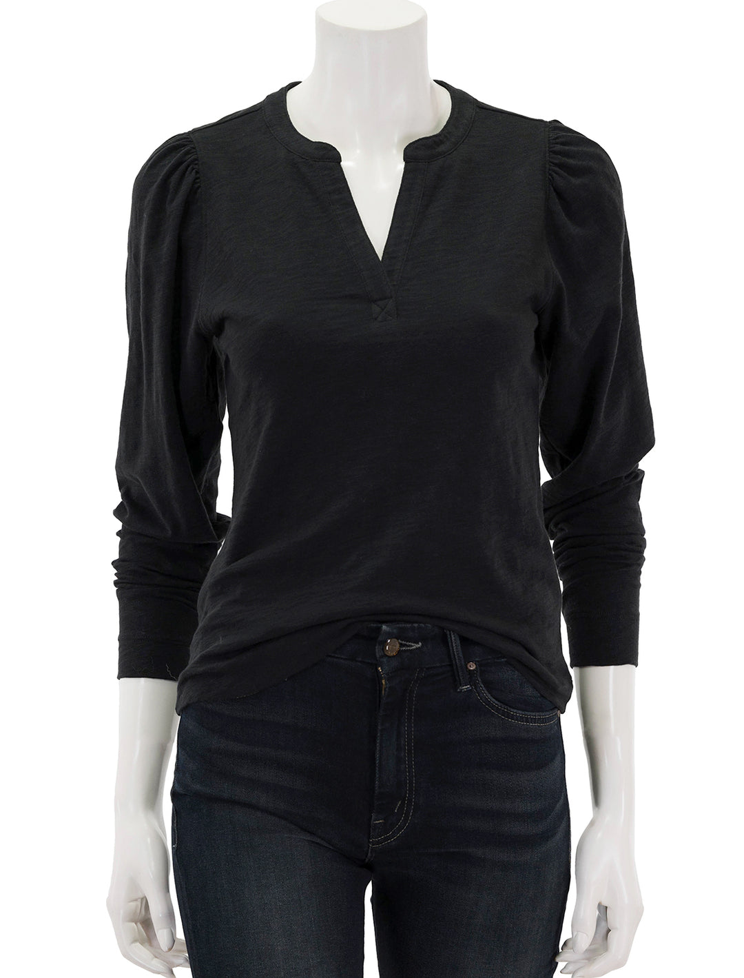 Front view of Lilla P.'s shirred long sleeve split neck in black.