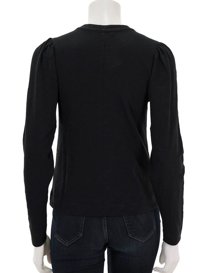 Back view of Lilla P.'s shirred long sleeve split neck in black.