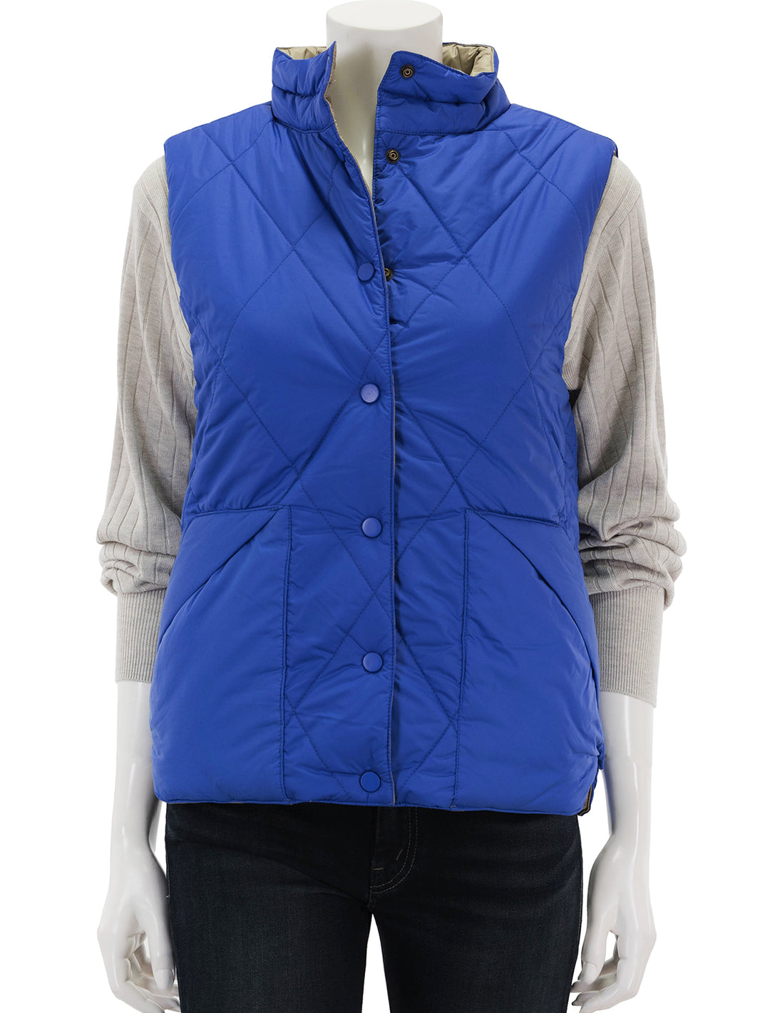 in Twigs vest snap sapphire front – reversible