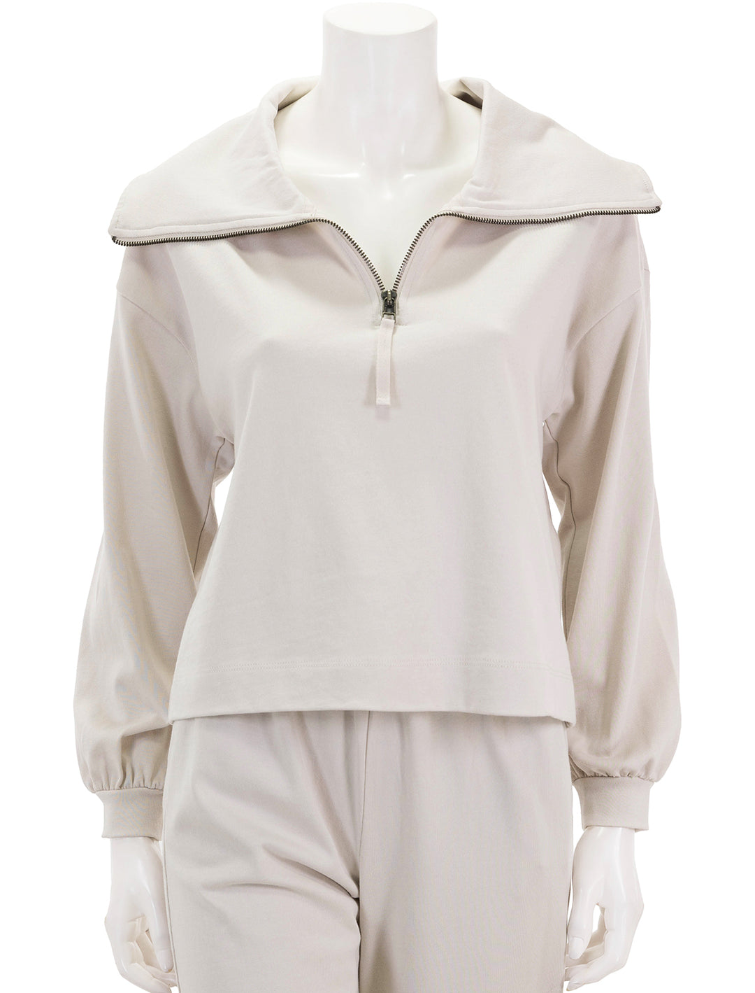 Front view of Lilla P.'s full sleeve half zip pullover in alabaster.