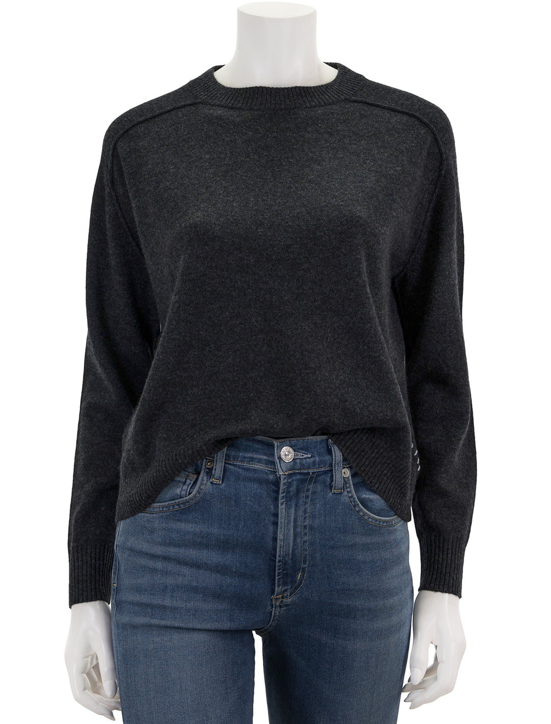 Front view of Lilla P.'s oversized saddle sleeve sweater in graphite.