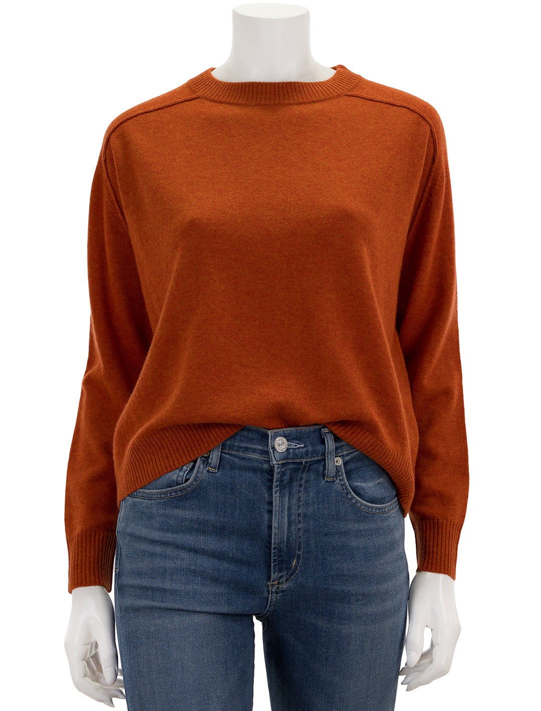 Front view of Lilla P.'s oversized saddle sleeve sweater in spice.