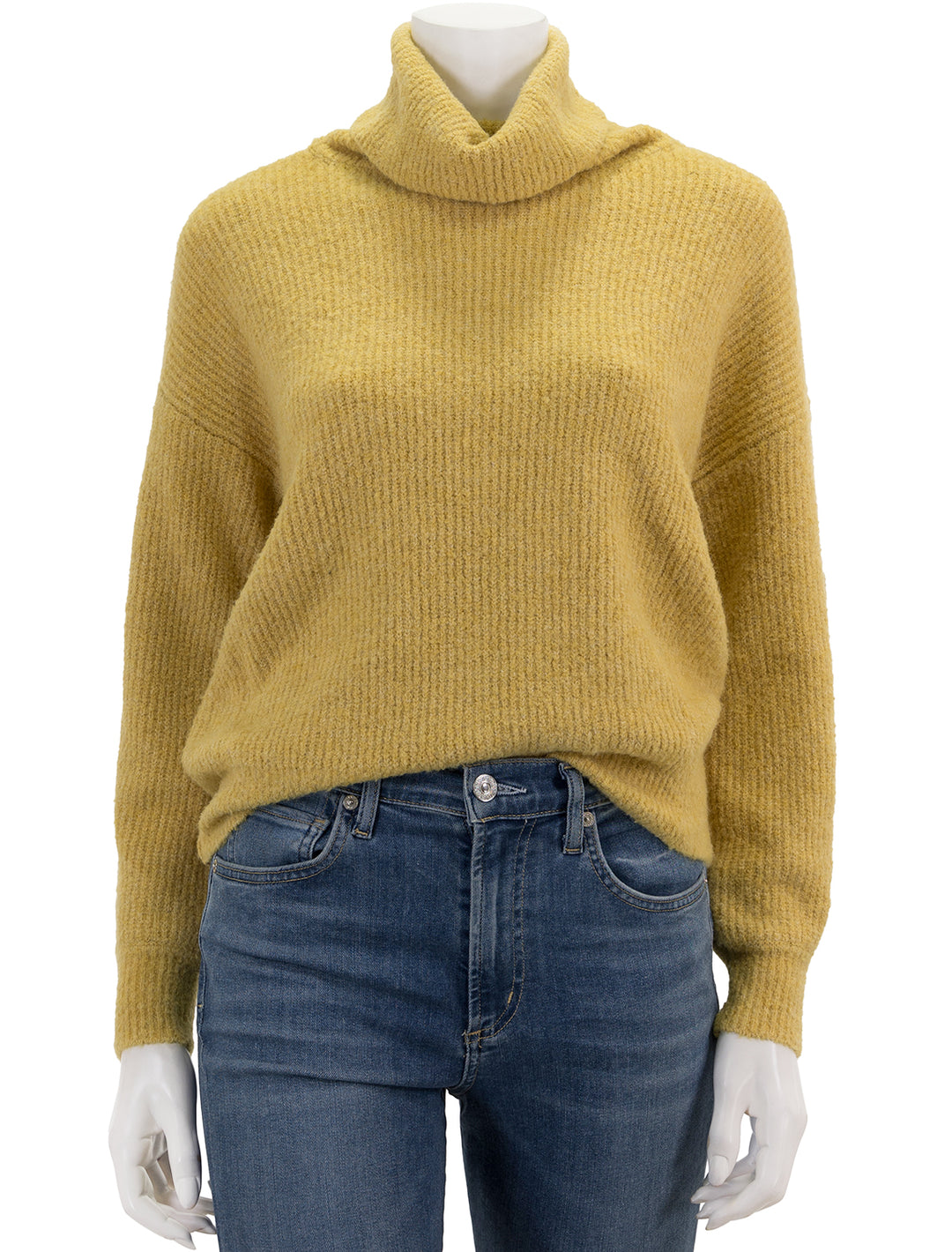 Front view of Lilla P.'s oversized ribbed turtleneck in gold dust.